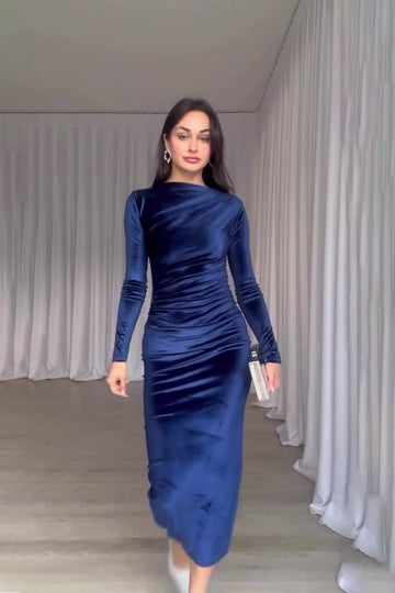 Woochic robe à manches longues col en rond trapèze taille haute bleu1 S